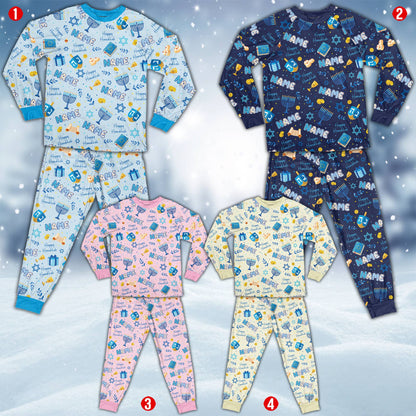 Light blue hanukkah pajama set showing holiday motifs front view