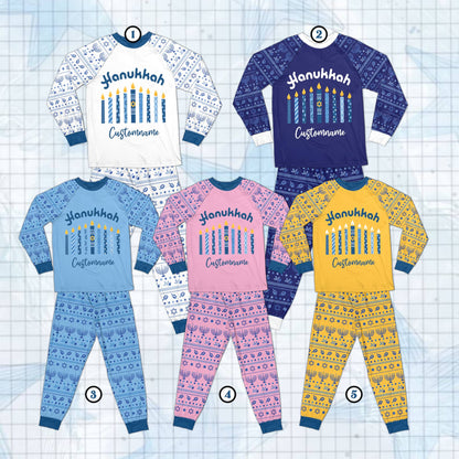 Full front view of the matching family holiday pajamas for Hanukkah.
