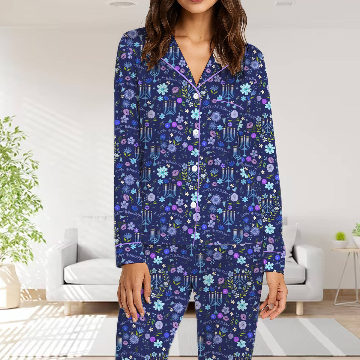 Front view of menorah and flower patterned pajama set