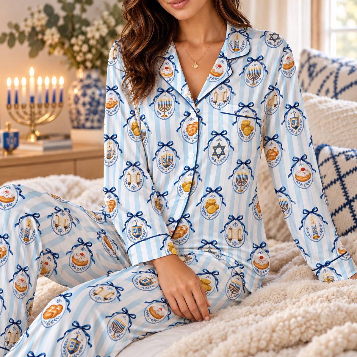 Another view of the multicolor family matching holiday pajamas