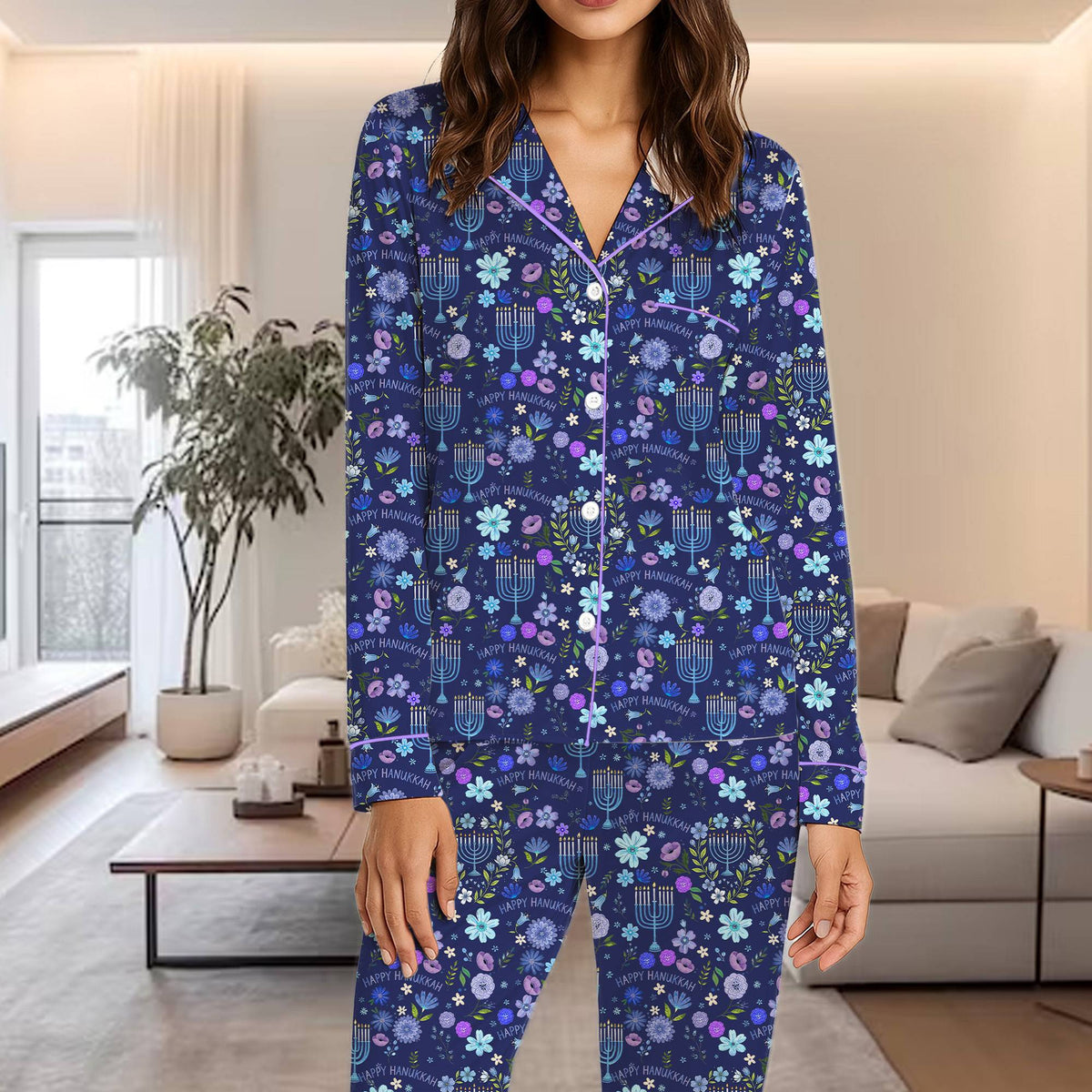 Front view of navy blue hanukkah pajama set