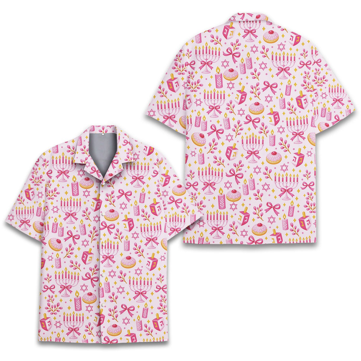 Main view of the matching family holiday pajamas set in a multicolor hanukkah design