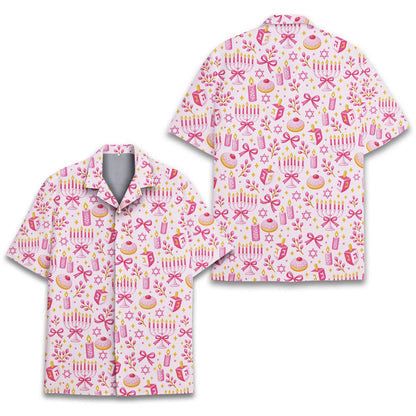 Main view of the matching family holiday pajamas set in a multicolor hanukkah design