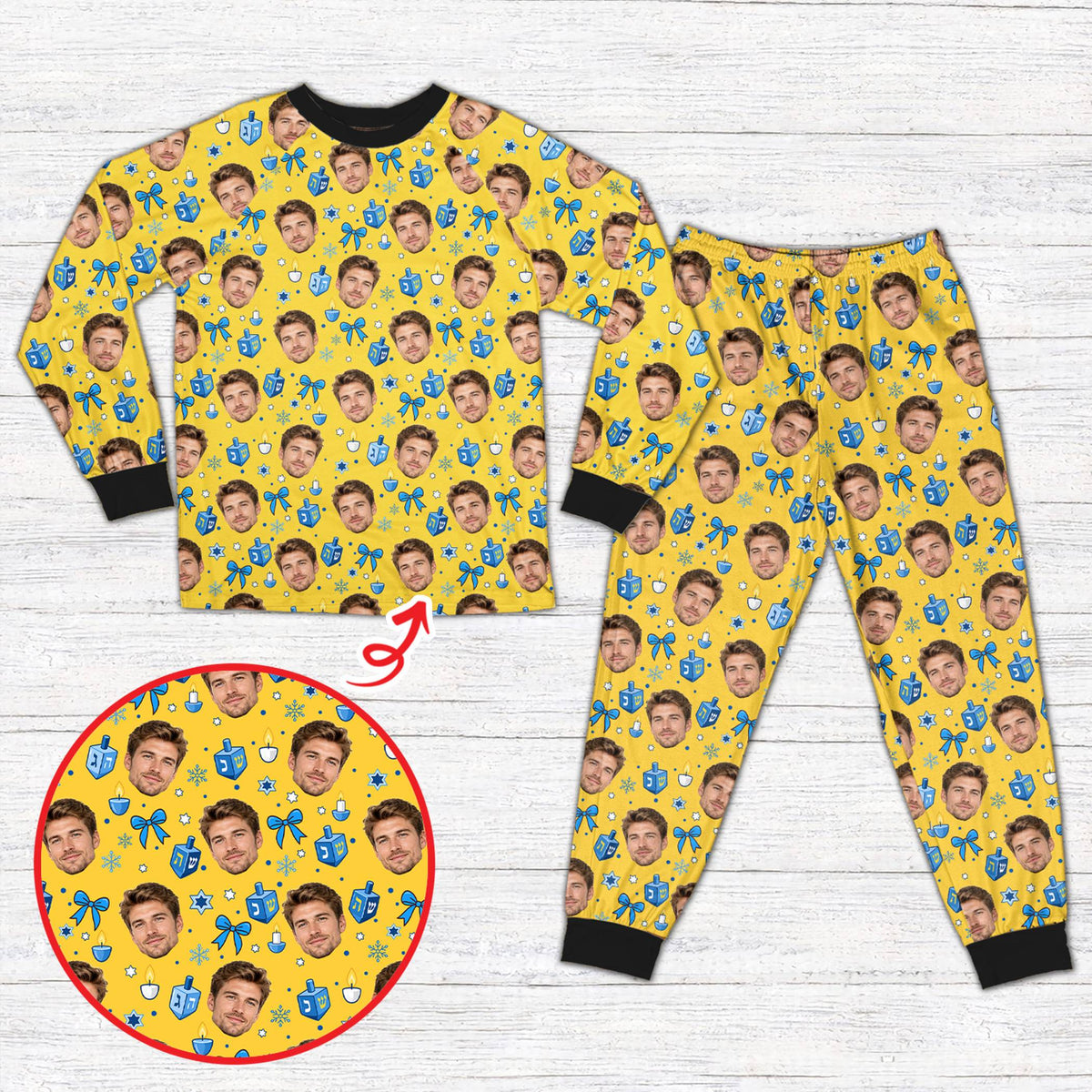 Family wearing matching holiday pajamas with custom faces during Hanukkah celebrations