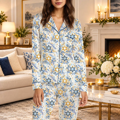 Family wearing the elegant botanical Hanukkah pajamas in a home setting