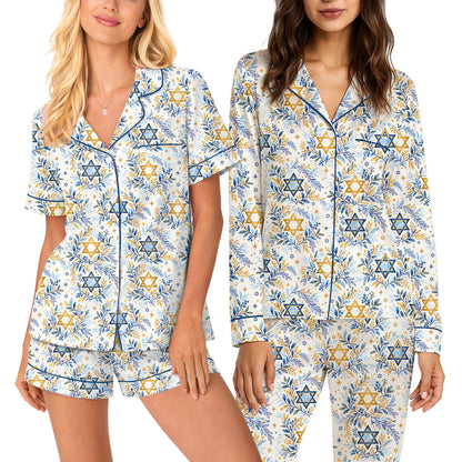 Close-up of the Hanukkah pajama set showing blue leaves and Star of David pattern