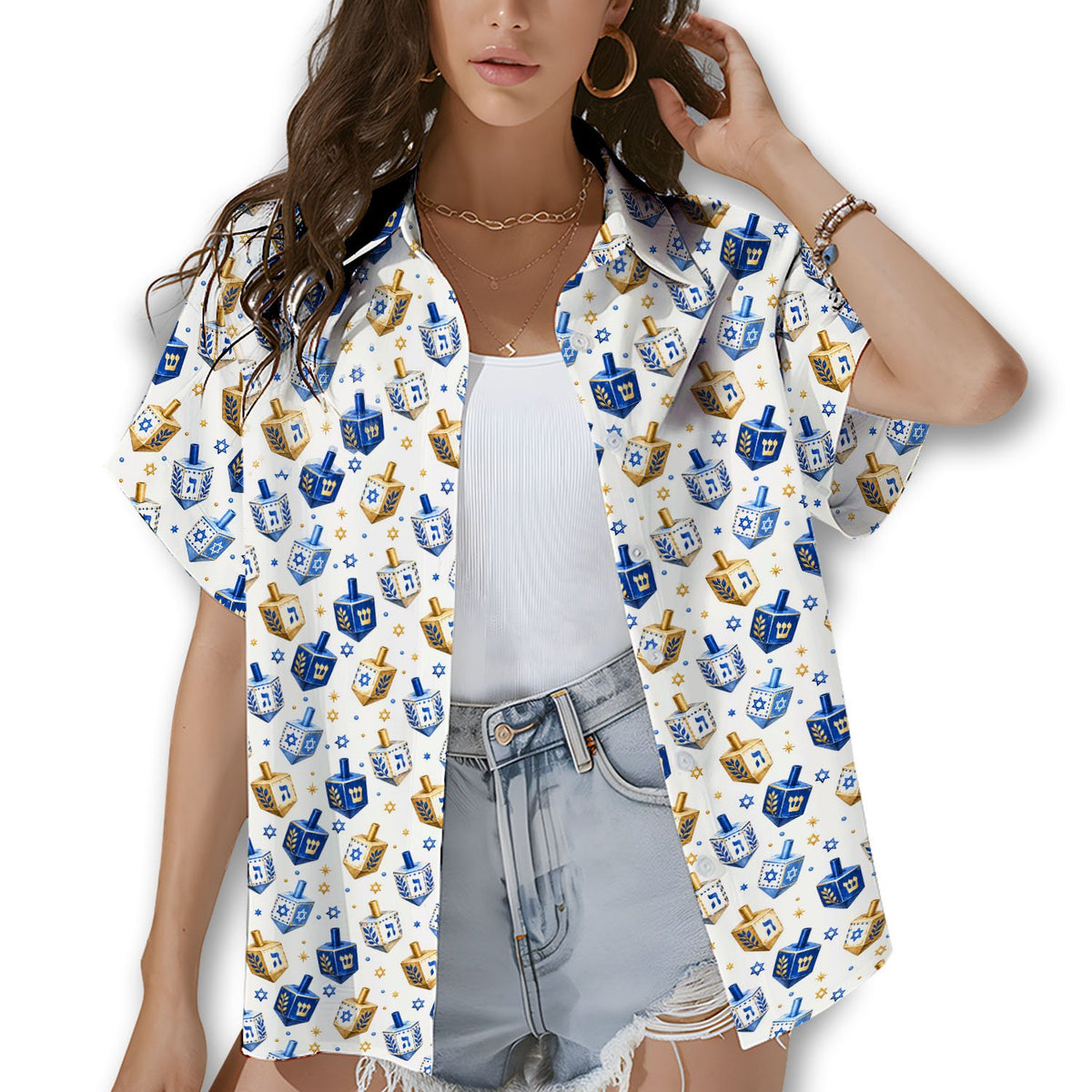 Close up lifestyle view of the multicolor Hanukkah pajama set