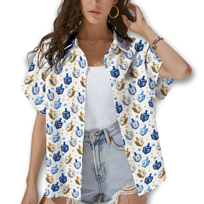 Close up lifestyle view of the multicolor Hanukkah pajama set