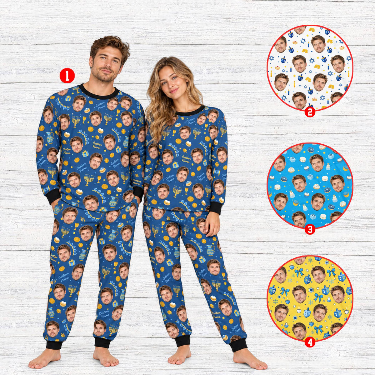 Personalized Hanukkah pajama set in navy with custom faces and holiday symbols, front view