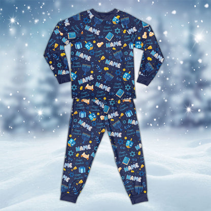 Navy personalized hanukkah pajama set featuring menorahs and dreidels front view