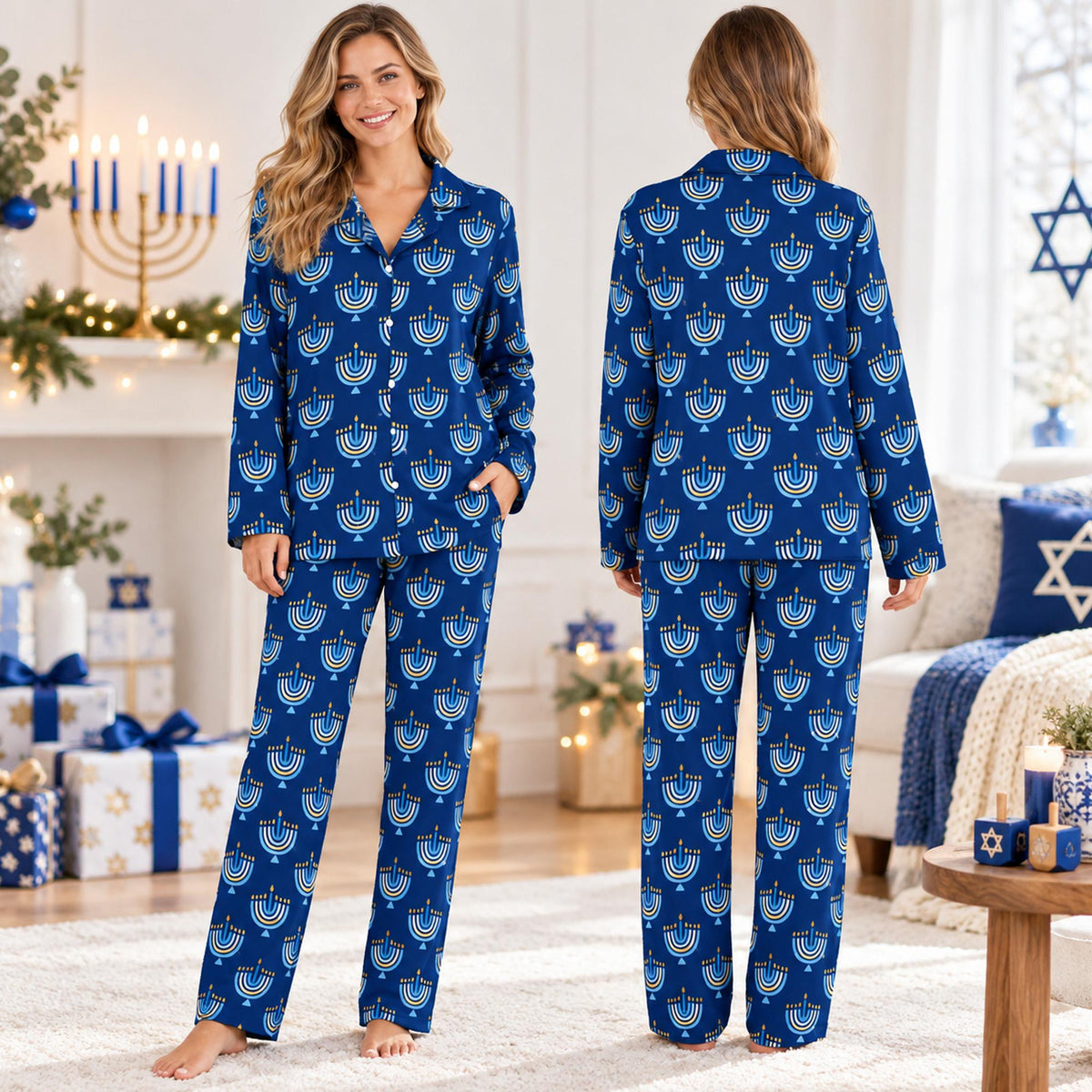Navy hanukkah pajama set with menorah pattern, main view