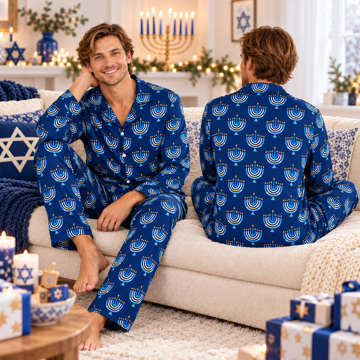 Second lifestyle view of the hanukkah pajama set in a festive setting