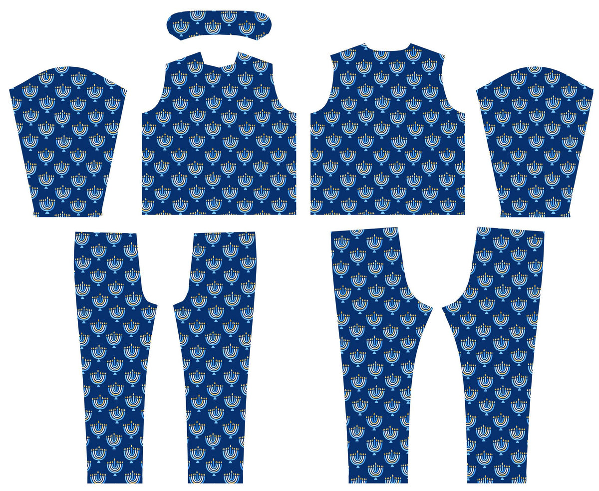 Detailed view of the menorah pattern on the navy pajama material