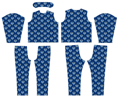 Detailed view of the menorah pattern on the navy pajama material