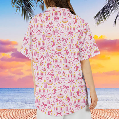 Detailed back view of the pink hanukkah pajama set fabric