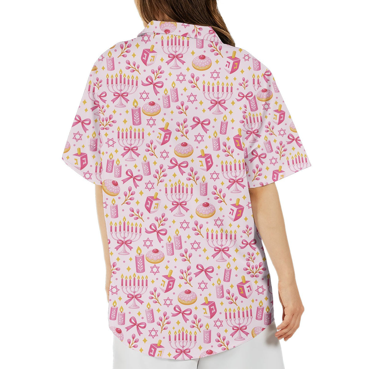 Back view of the pink hanukkah pajama set showcasing the all-over repeating print