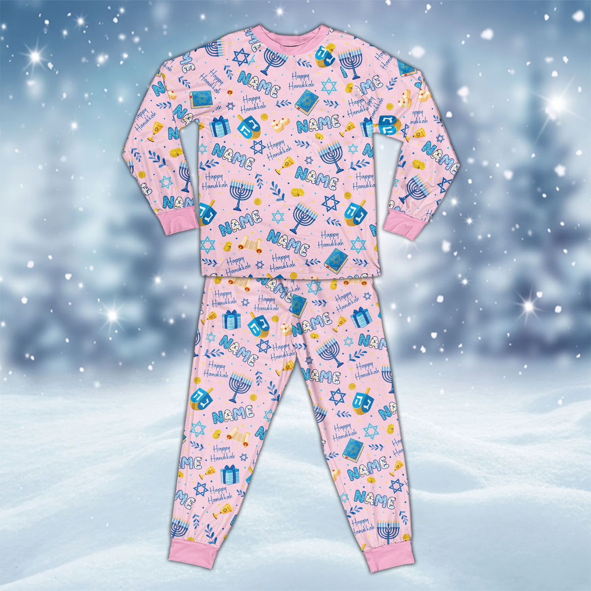 Pink personalized hanukkah pajama set with custom name front view