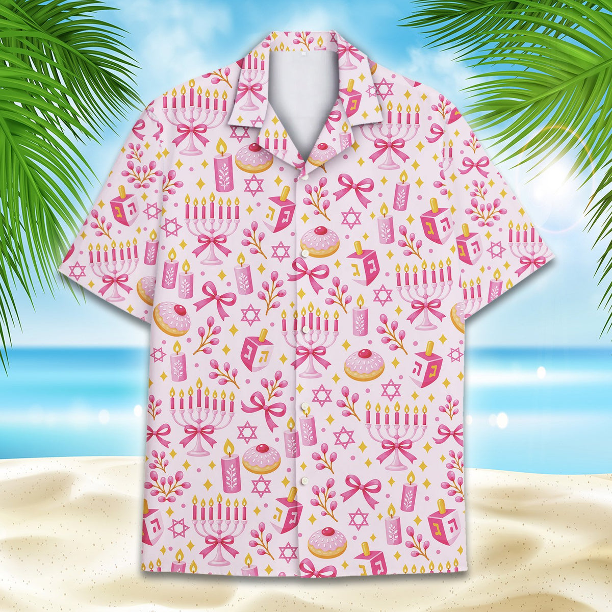 Secondary front view of the pink hanukkah pajama set highlighting the holiday pattern