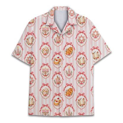 Front view of the pink and white striped Hanukkah pajama set
