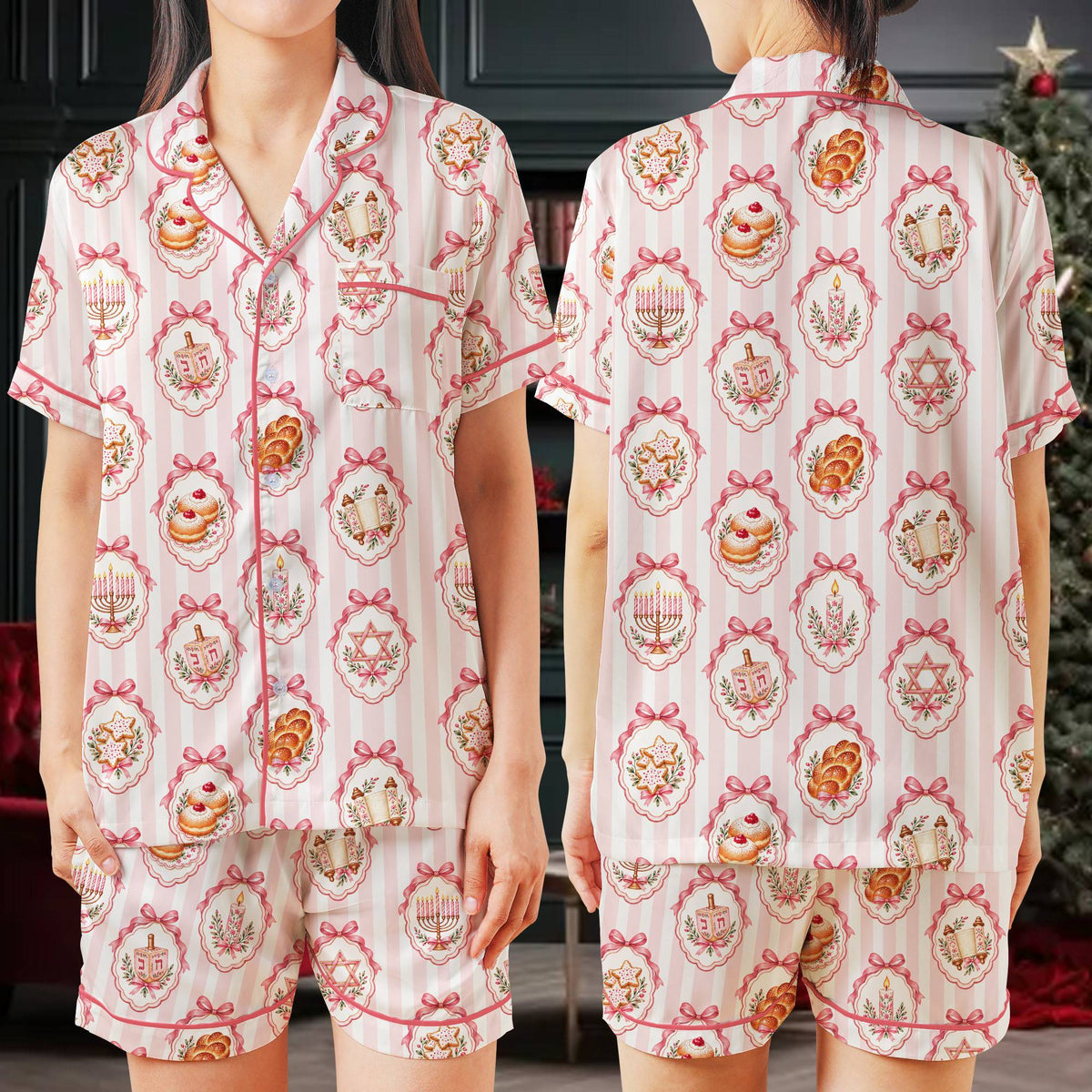 Lifestyle view 7 of the pink Hanukkah pajama set
