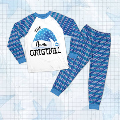 Front view of the white and blue hanukkah pajama set top and pants