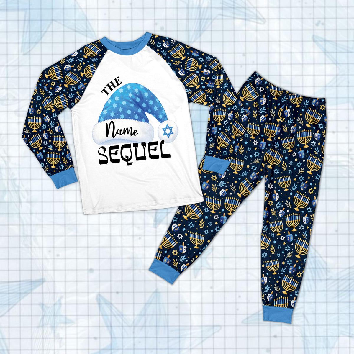 Close up of the hanukkah pajama set top featuring a blue patterned hat and custom name