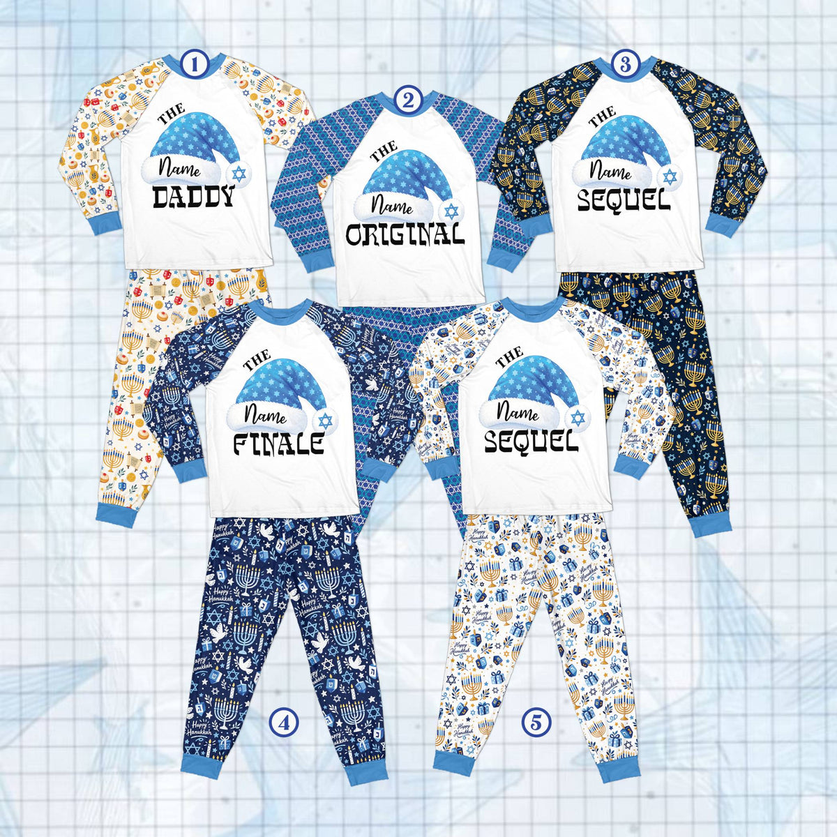 Family matching hanukkah pajamas in white, blue, and gold with custom details