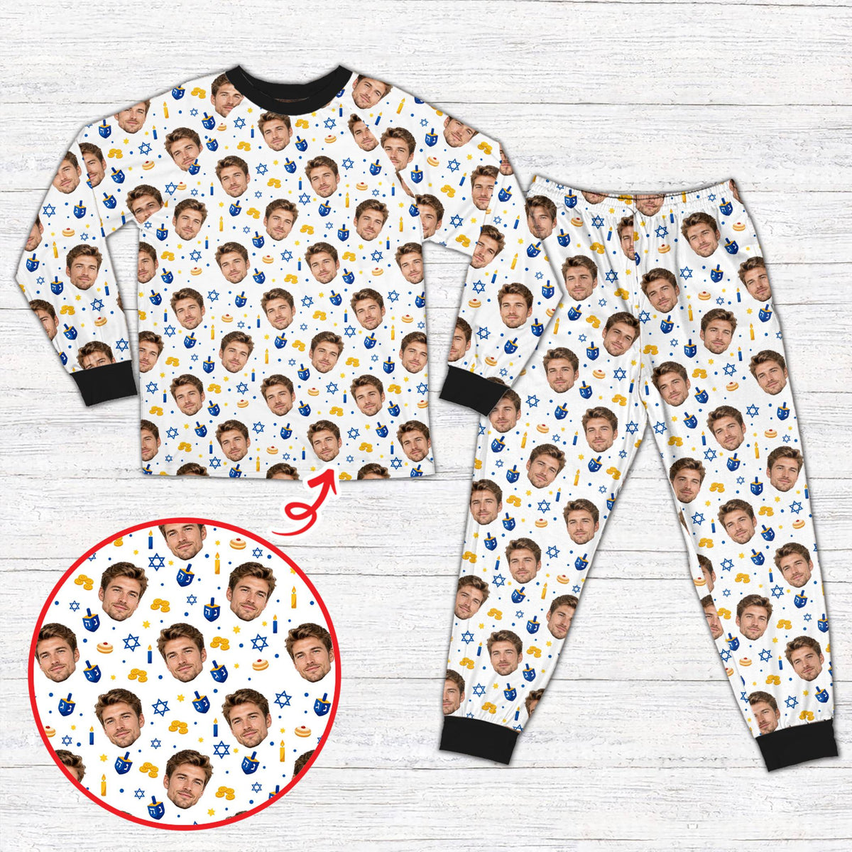 Yellow accent details on the personalized Hanukkah pajama set