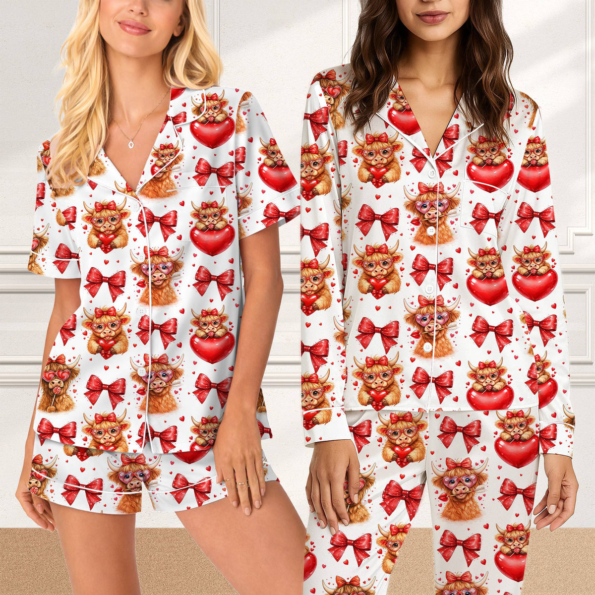 Close-up front view of the highland cow and hearts pattern pajama set