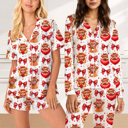 Close-up front view of the highland cow and hearts pattern pajama set