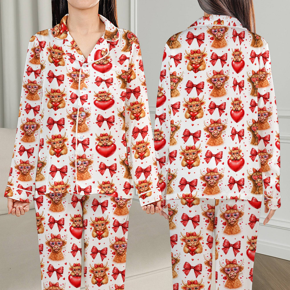 Another front view of the highland cow matching family pajamas
