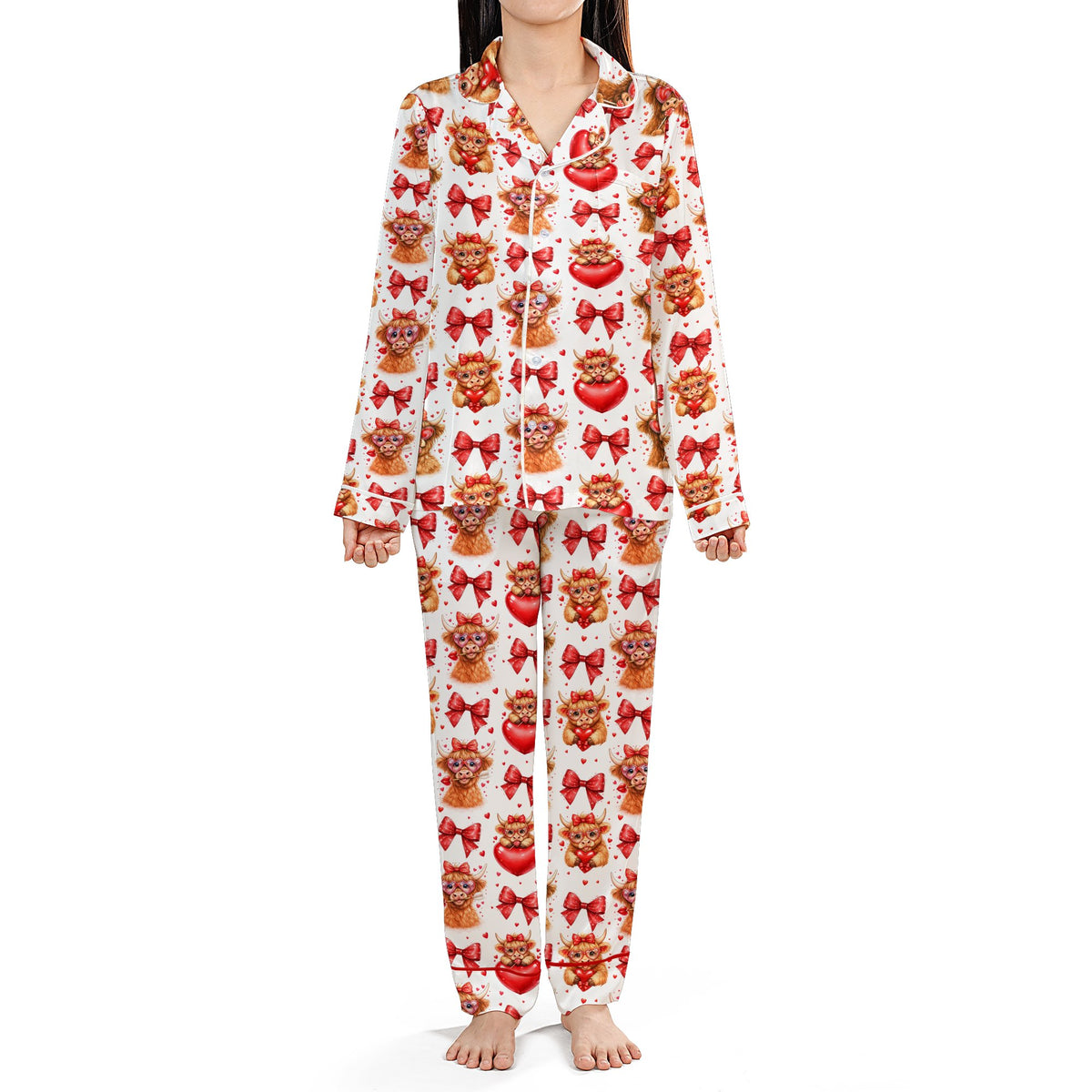 Detailed front view of the highland cow pajama set