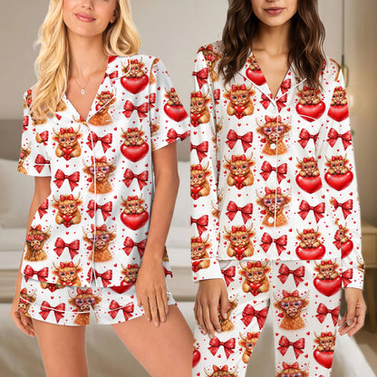 Main view of the highland cow pajama set featuring cows with heart glasses