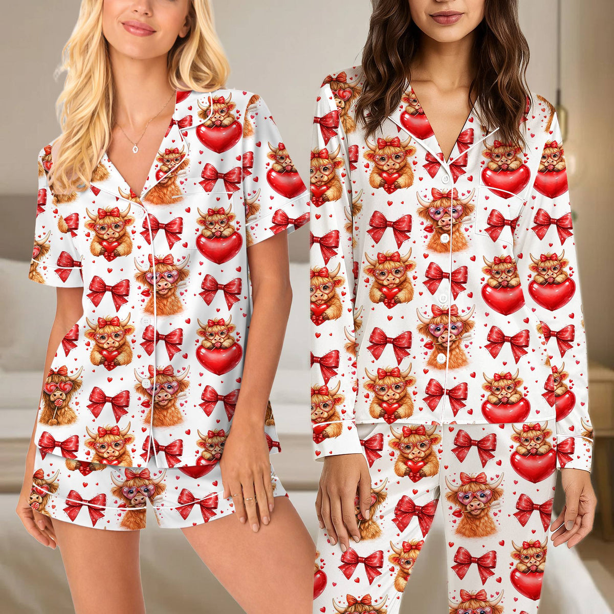 Front view of the white highland cow pajama set
