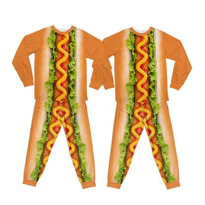 Front view of the hot dog pajama set featuring an all-over print with mustard and ketchup.