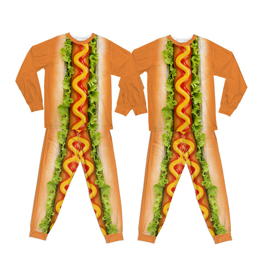 Front view of the hot dog pajama set featuring an all-over print with mustard and ketchup.