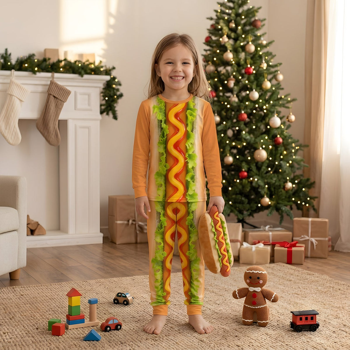 Close-up of the hot dog pajama set being worn in a cozy indoor setting.