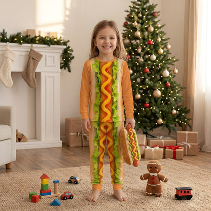 Close-up of the hot dog pajama set being worn in a cozy indoor setting.