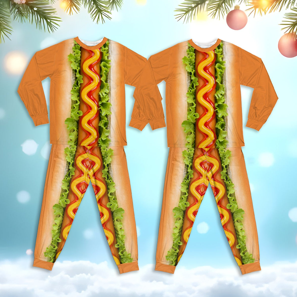 Group wearing the matching pajamas for family with a colorful hot dog and bun pattern.