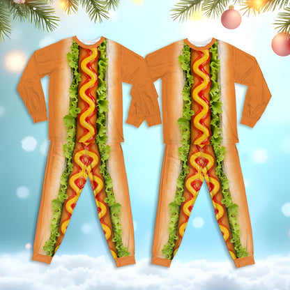 Group wearing the matching pajamas for family with a colorful hot dog and bun pattern.