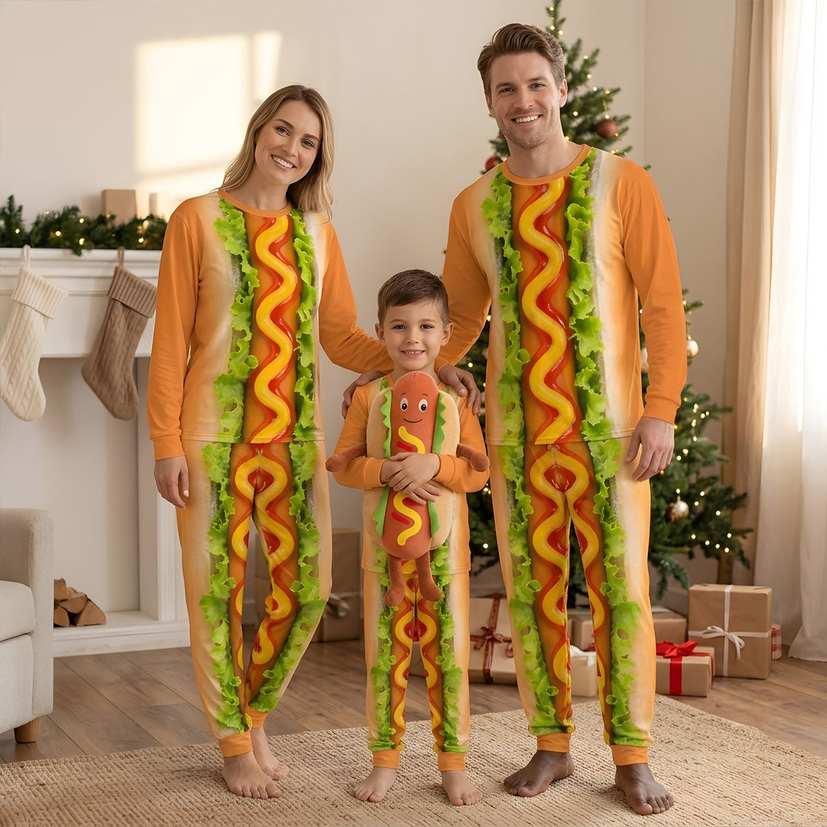 Full view of the matching hot dog pajamas being worn.