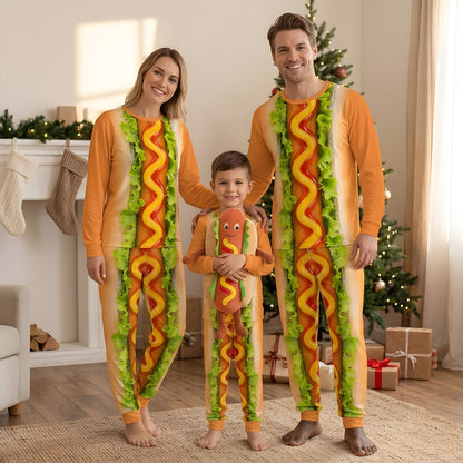 Full view of the matching hot dog pajamas being worn.