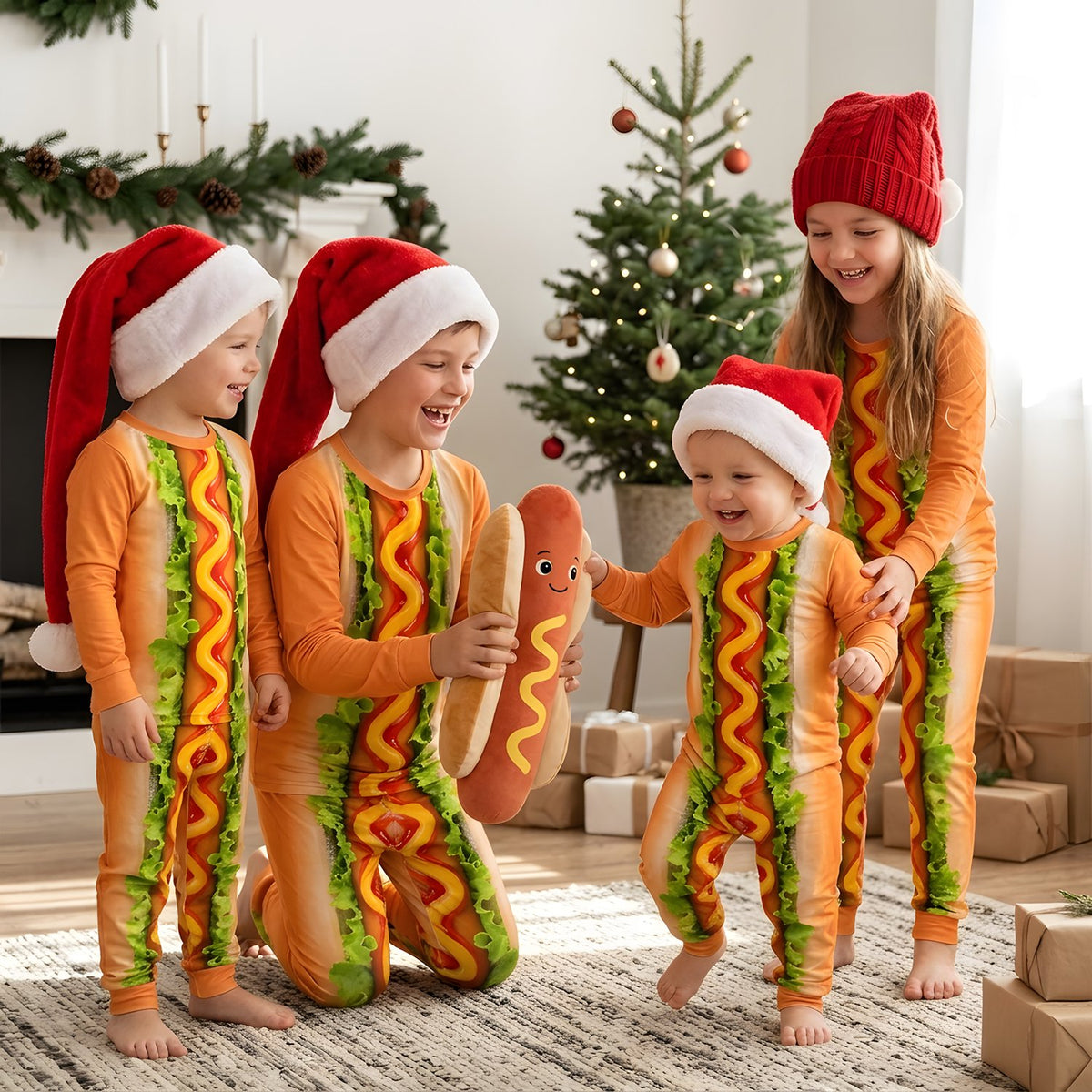 Family wearing matching family pajamas with a vibrant hot dog design.