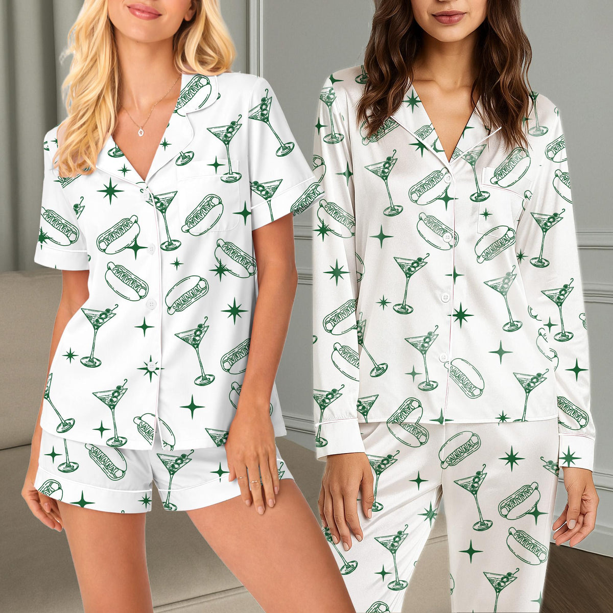 Matching family pajamas with hot dog and martini design, front view detail