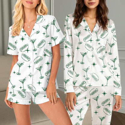 Matching family pajamas with hot dog and martini design, front view detail