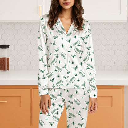 White and green hot dogs and martinis pajama set, alternative front view