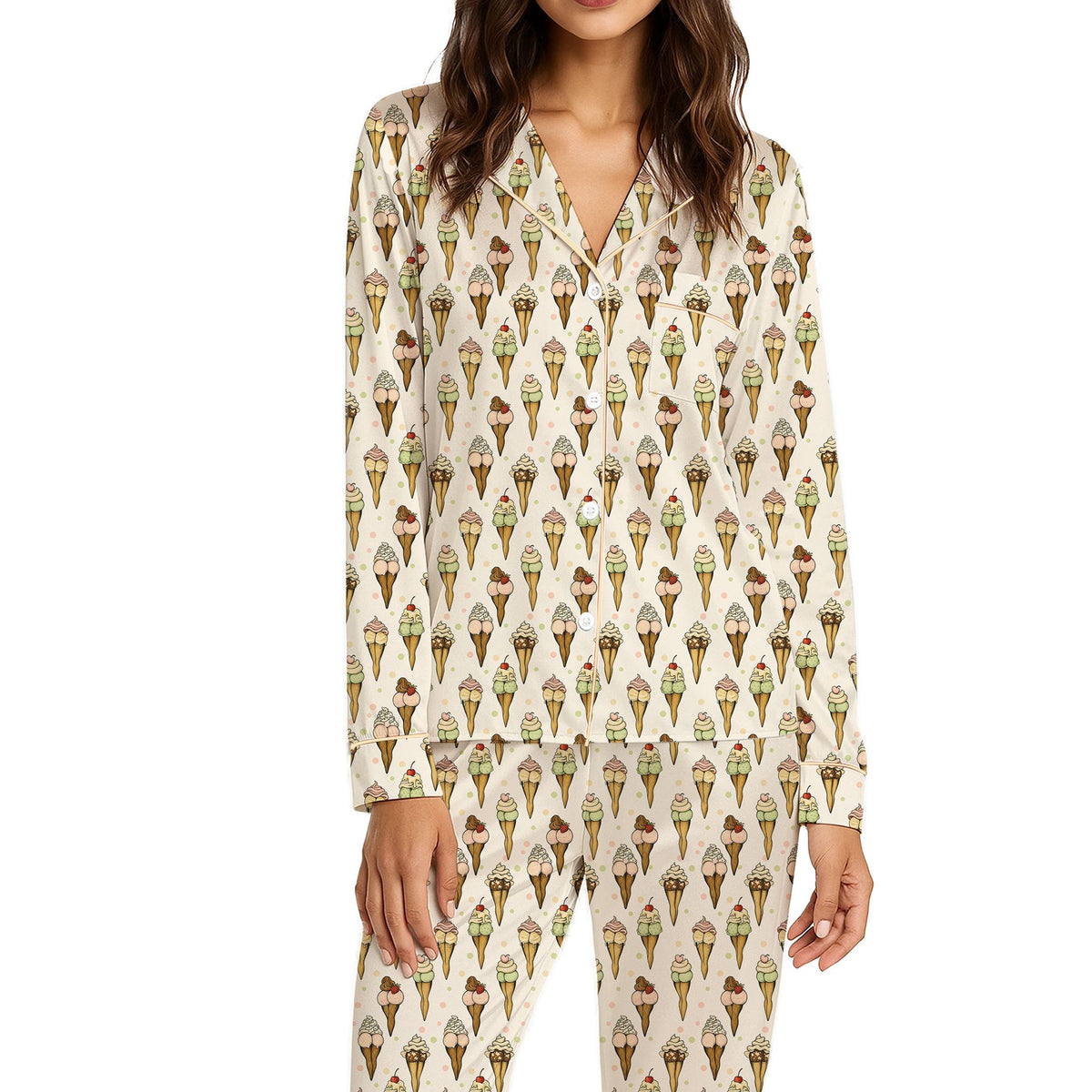 Ice cream pajama set featuring a repeating cone pattern on a cream background, main view