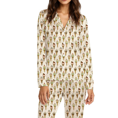 Front view of the matching family pajamas with colorful ice cream print