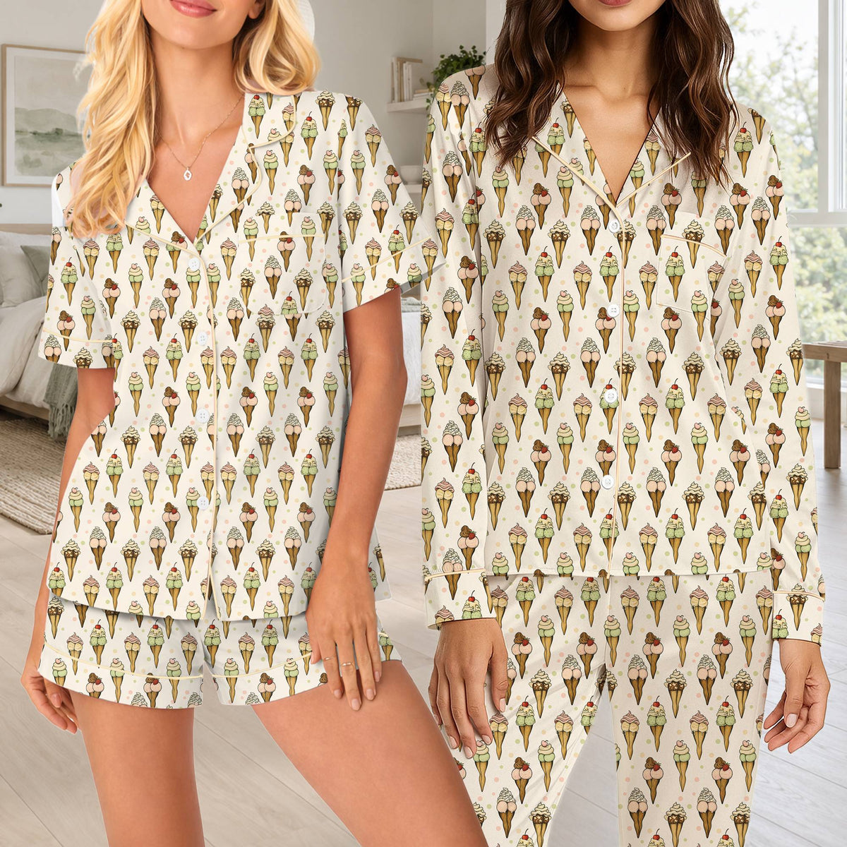 Third lifestyle view showing the detailed ice cream pattern on the pajama set