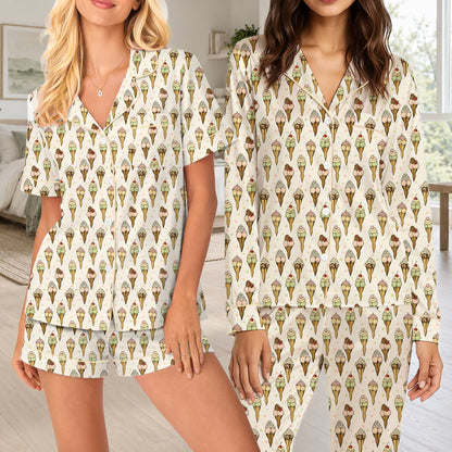 Third lifestyle view showing the detailed ice cream pattern on the pajama set
